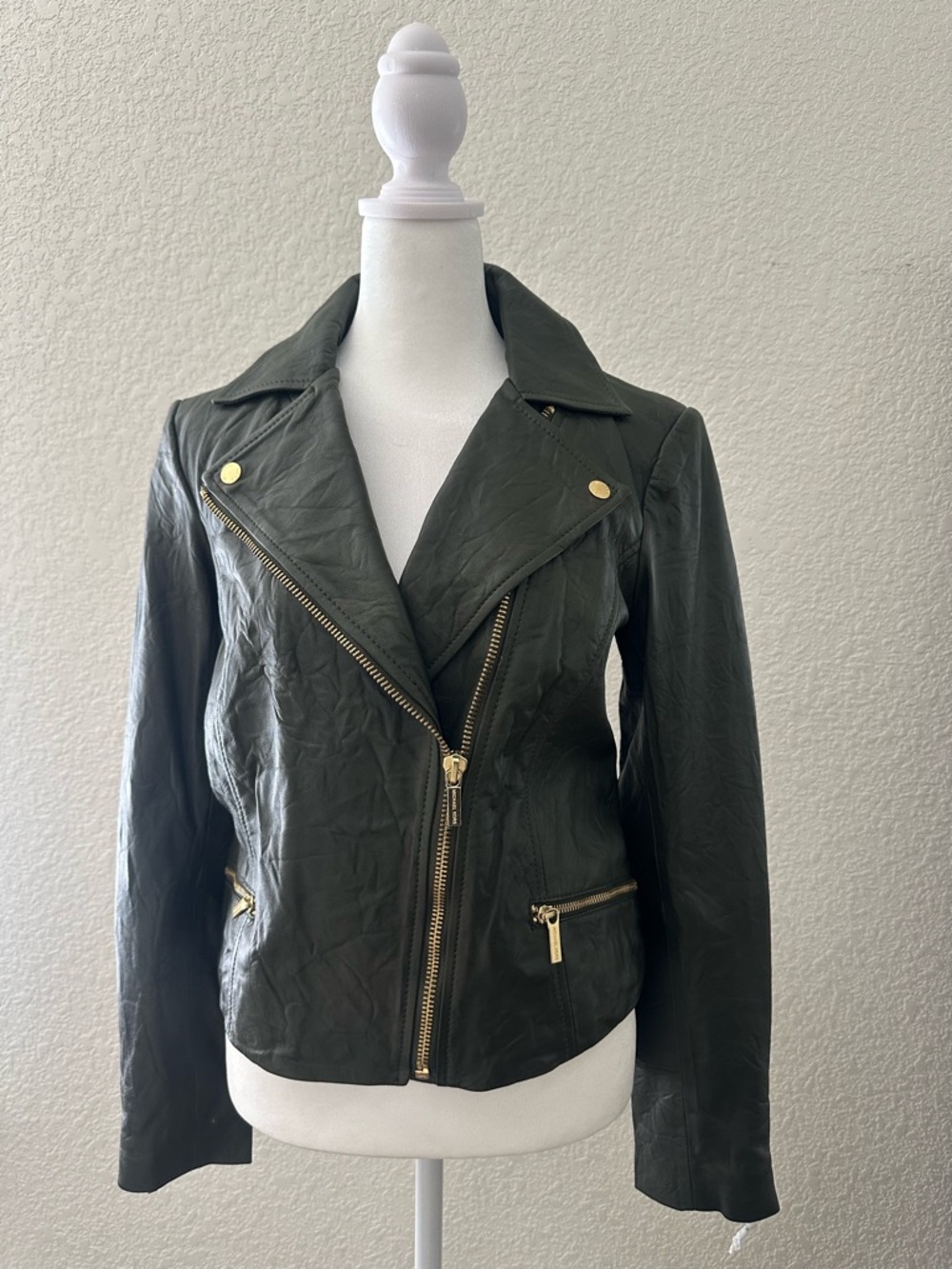 Michael Kors Dark Green Asymmetrical Zip Leather Moto Jacket